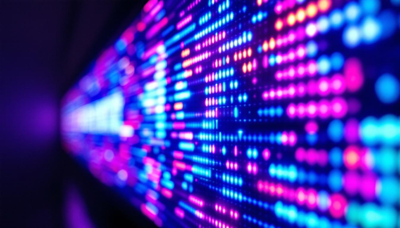 A photograph of a close-up shot of a vibrant led display showcasing dynamic visuals or text