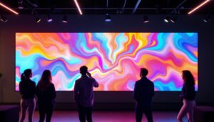 A photograph of capture a photograph of a vibrant led screen wall panel in an engaging setting
