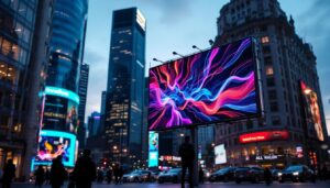A photograph of a vibrant billboard led screen displaying dynamic visuals in an urban setting