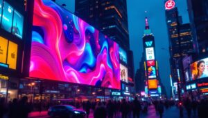 A photograph of a vibrant led screen billboard in a bustling urban environment