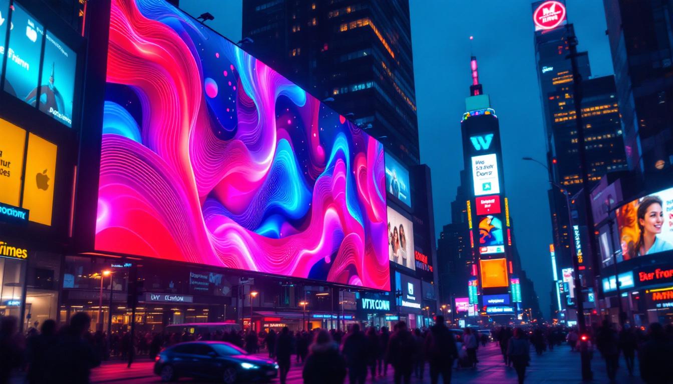 A photograph of a vibrant led screen billboard in a bustling urban environment