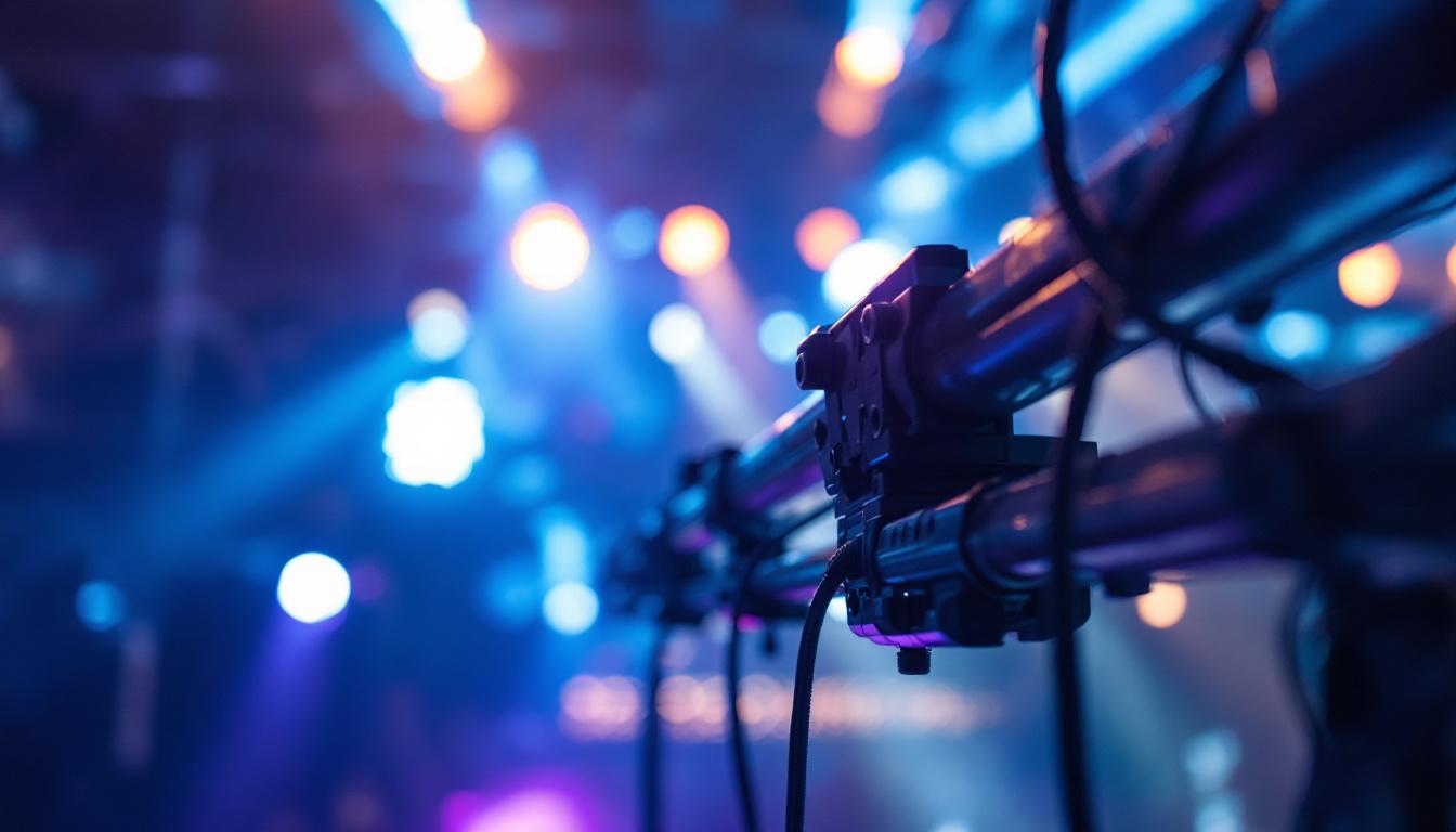 A photograph of capture a photograph of a rigging bar setup with vibrant led displays illuminated