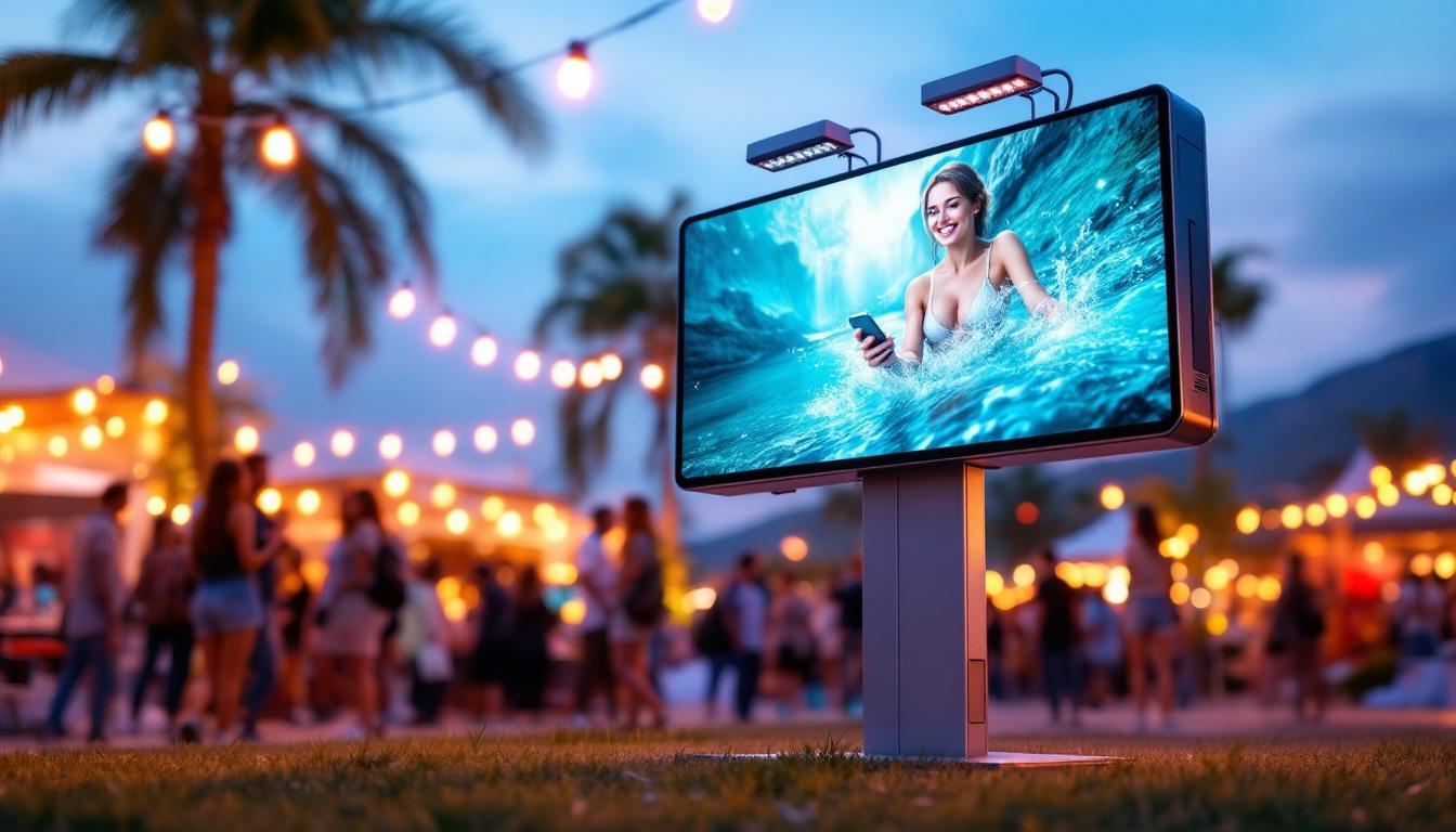A photograph of a vibrant outdoor setting featuring a high-quality led display mounted on a stylish stand