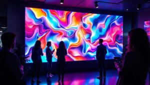 A photograph of a vibrant led video wall in a dynamic setting