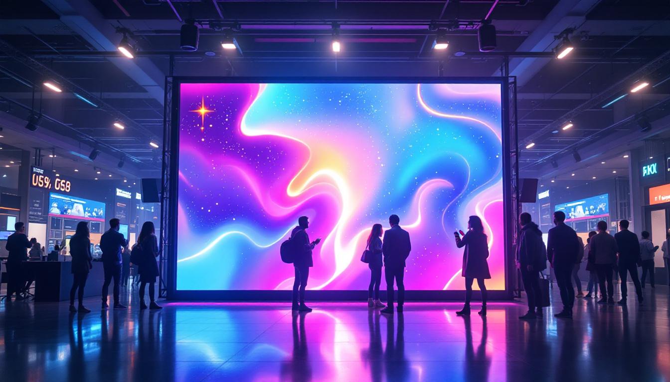 A photograph of a vibrant led display in a dynamic setting