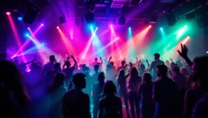 A photograph of a vibrant nightclub scene featuring dynamic led displays in action