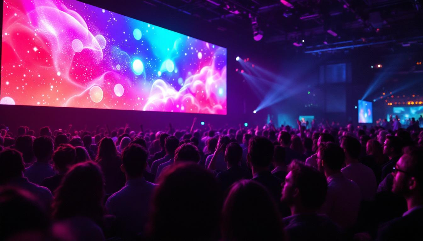 A photograph of a vibrant led display in use at a lively event
