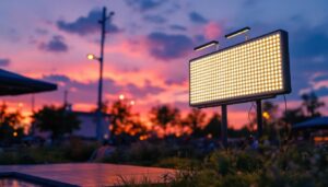 A photograph of a vibrant outdoor scene featuring an led light panel in use at dusk