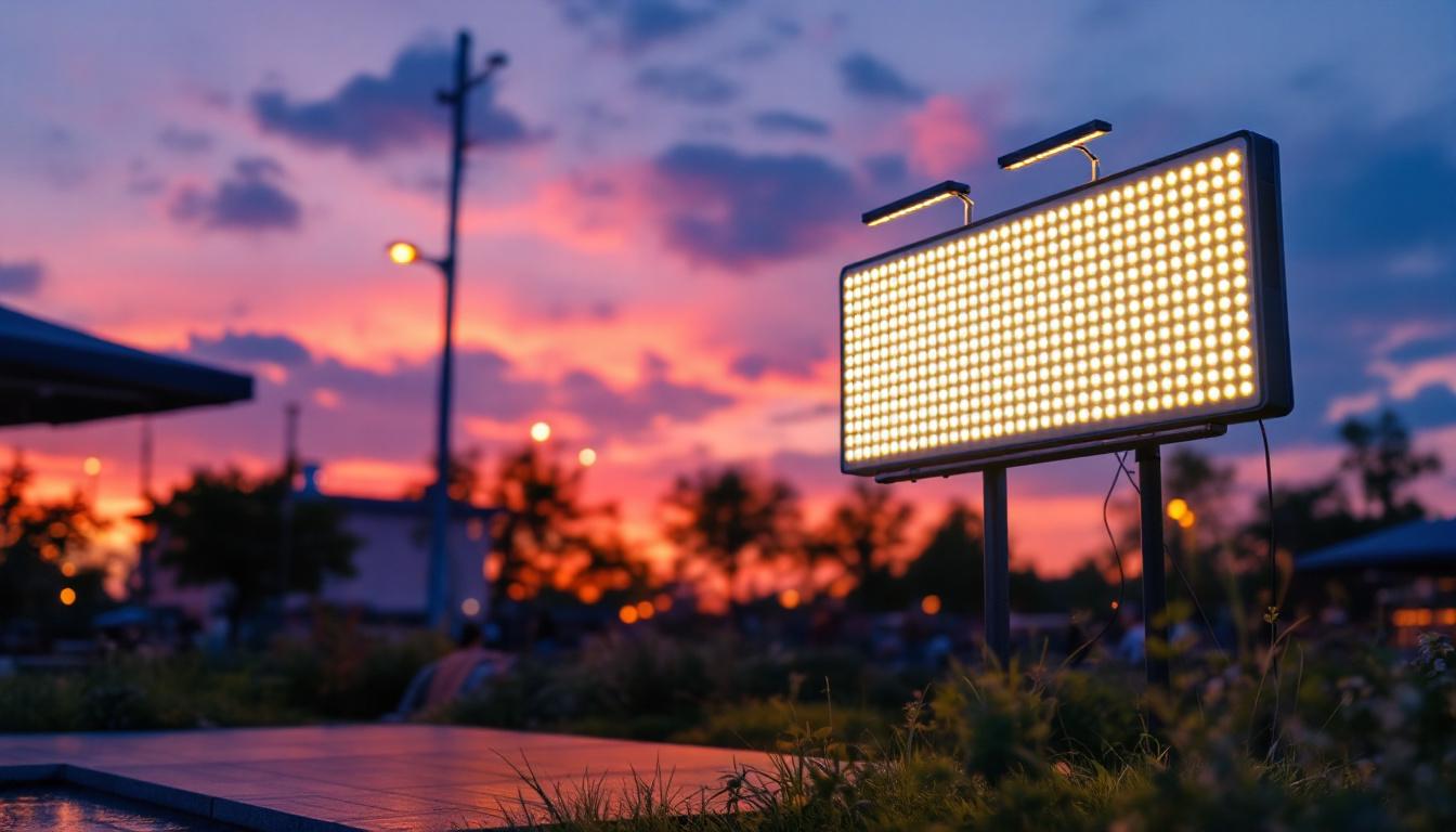 A photograph of a vibrant outdoor scene featuring an led light panel in use at dusk