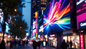 A photograph of capture a photograph of a vibrant outdoor led billboard displaying dynamic advertisements or information in a bustling urban environment