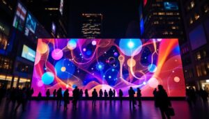 A photograph of a vibrant led display in an urban setting