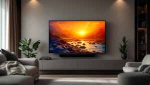 A photograph of a stylish living room featuring a sleek led tv mounted on a modern wall rack