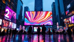 A photograph of a vibrant led display in a dynamic urban setting