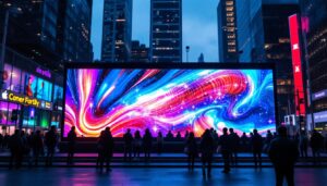A photograph of capture a photograph of a vibrant led display in an urban setting