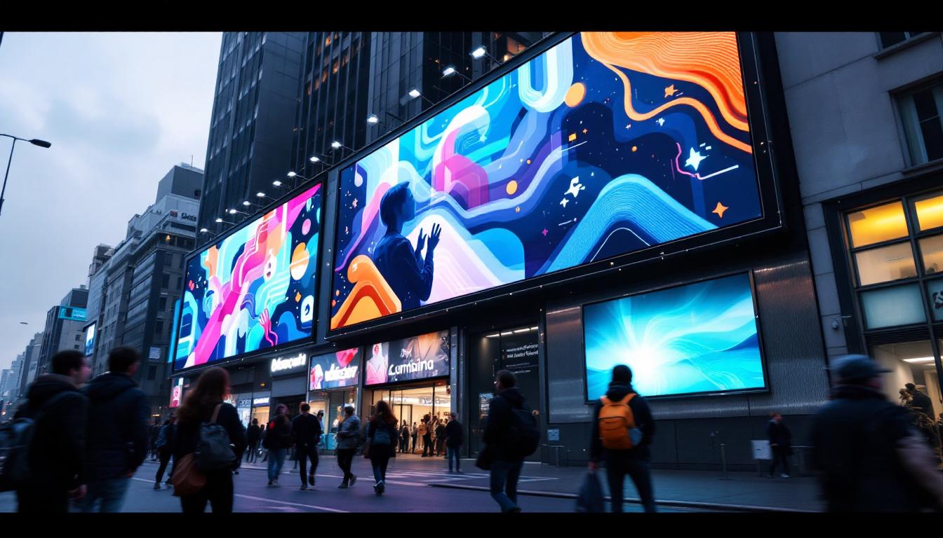 A photograph of a vibrant led display billboard in an urban setting