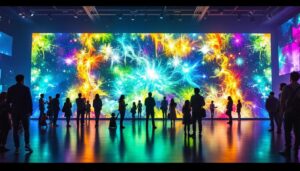 A photograph of a vibrant led display wall in a dynamic setting