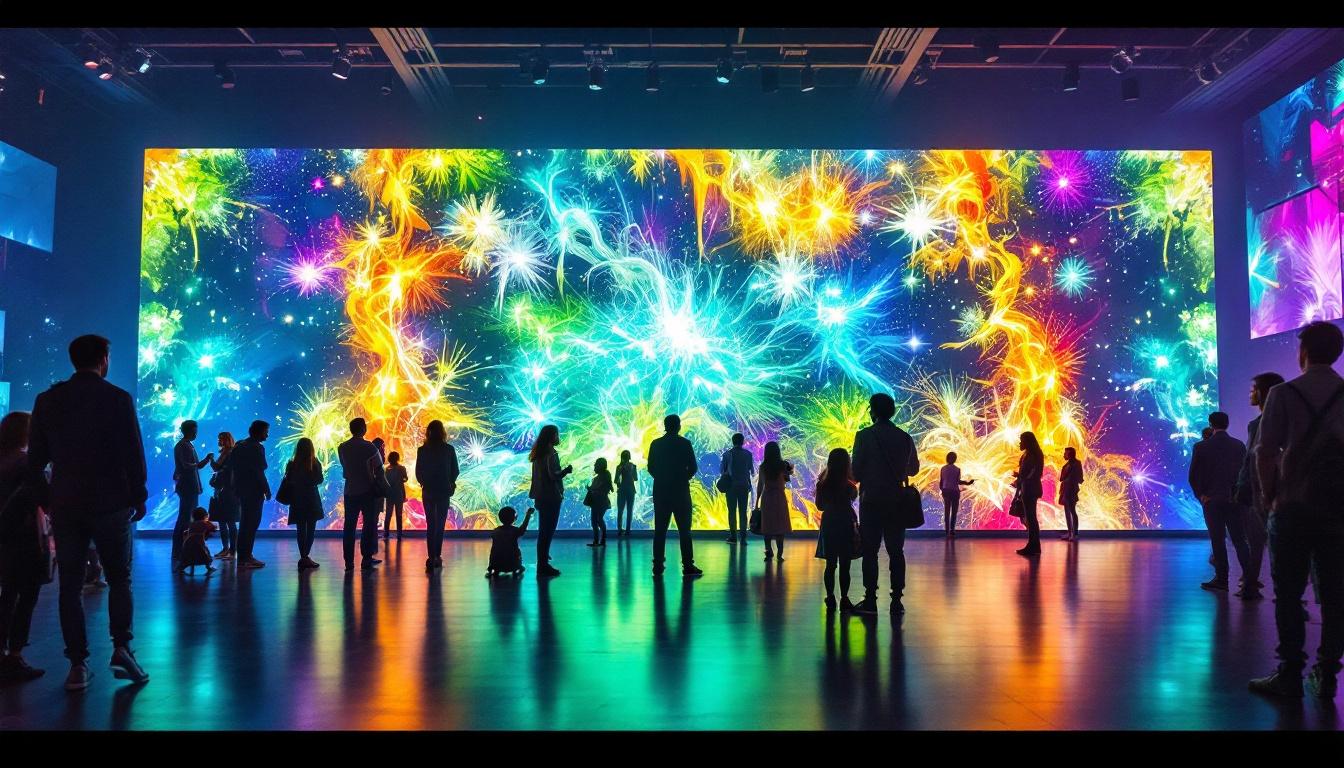 A photograph of a vibrant led display wall in a dynamic setting
