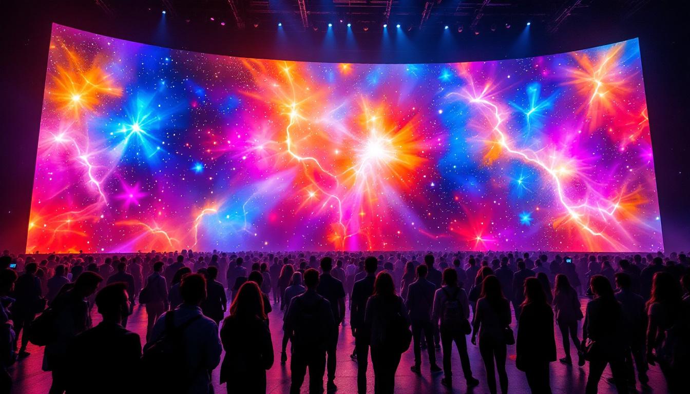 A photograph of a vibrant led display showcasing dynamic visuals and colors