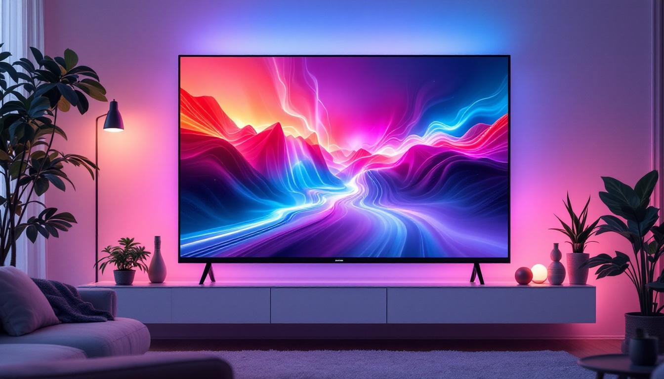 A photograph of a modern led flat panel display showcasing vibrant colors and sharp images