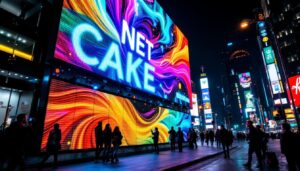 A photograph of capture a photograph of a vibrant led display in an urban setting
