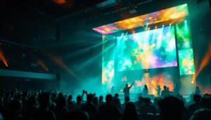A photograph of a vibrant led display in a church setting