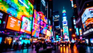 A photograph of a vibrant led display in a bustling urban setting at night