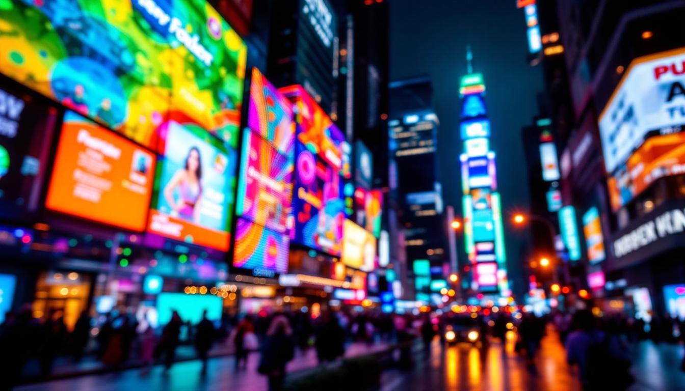 A photograph of a vibrant led display in a bustling urban setting at night