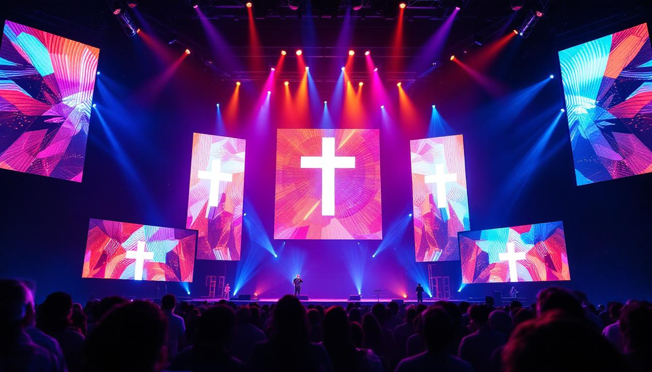 A photograph of a vibrant worship stage featuring an impressive led display
