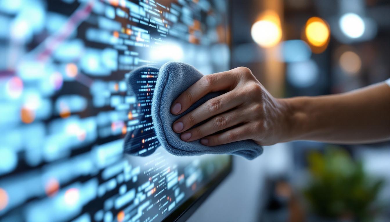 A photograph of a person carefully cleaning an led screen with a microfiber cloth