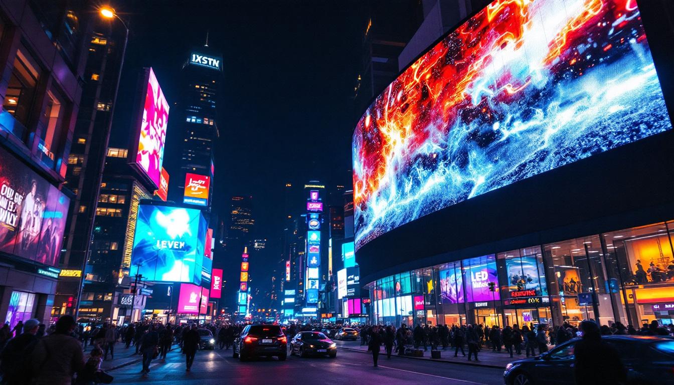 A photograph of a vibrant led display in a bustling urban environment