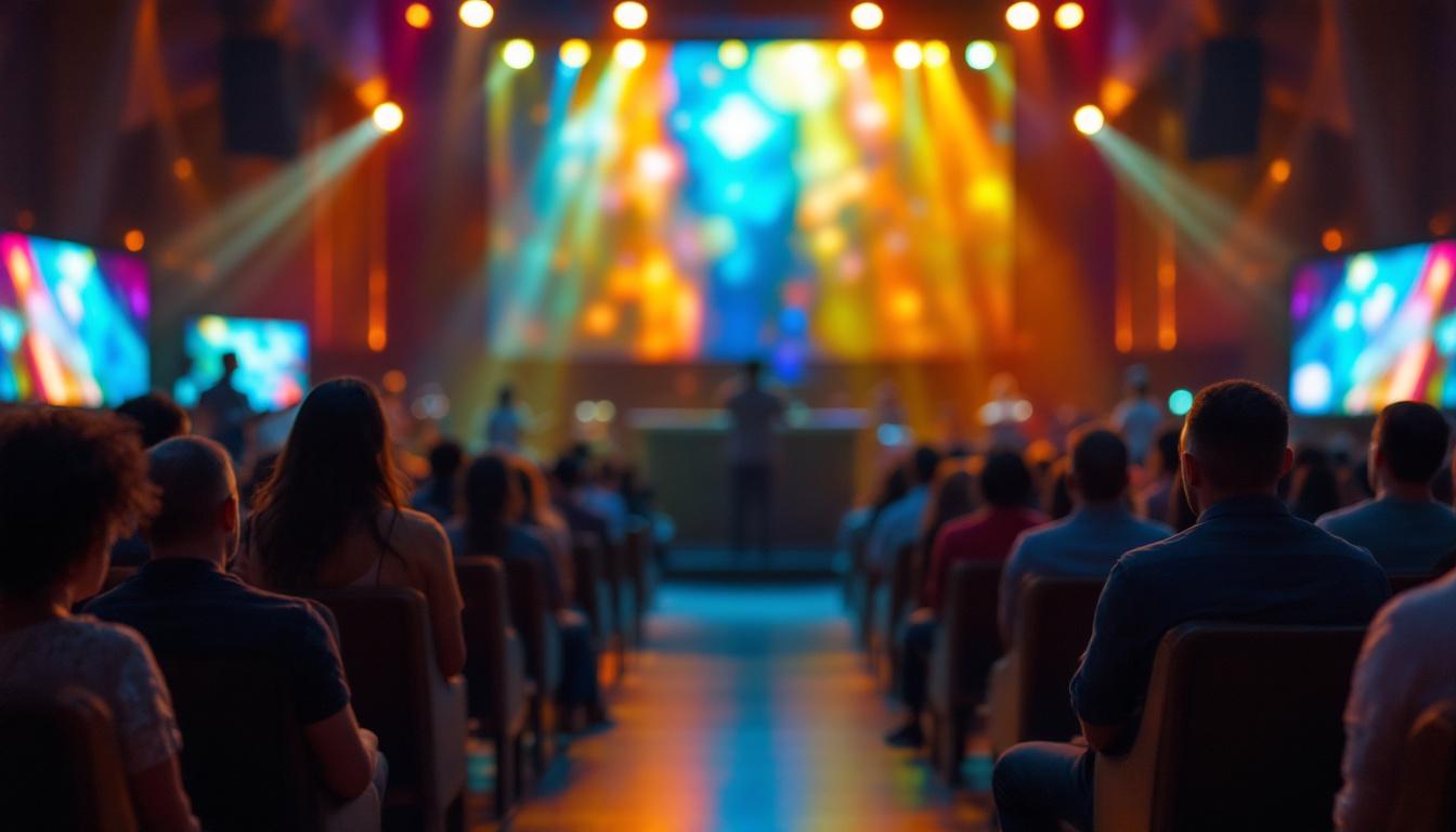 A photograph of a vibrant led display in a church setting