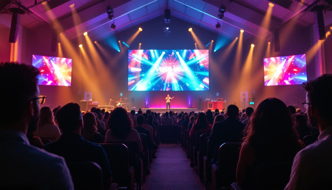 A photograph of a vibrant church interior featuring a large led display