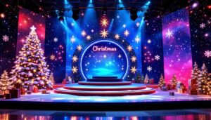 A photograph of a vibrant and creatively designed christmas stage featuring an eye-catching led display