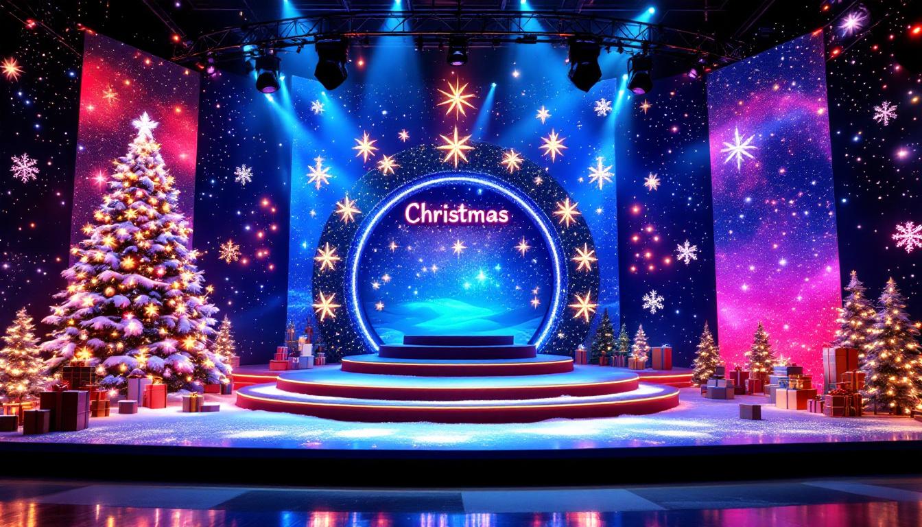 A photograph of a vibrant and creatively designed christmas stage featuring an eye-catching led display