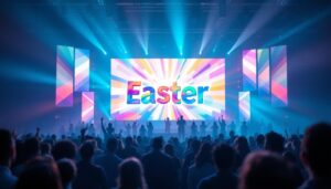 A photograph of a vibrant easter sunday service scene featuring an led display showcasing colorful