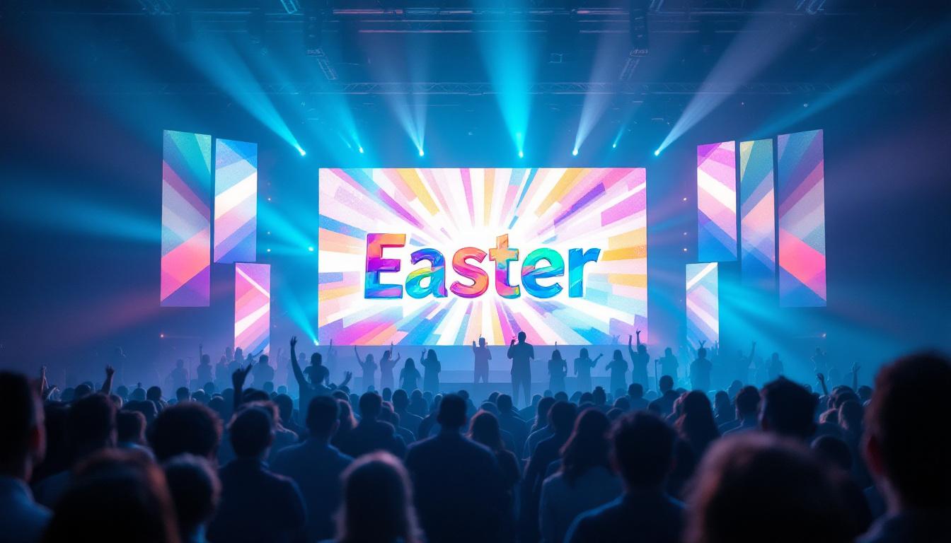 A photograph of a vibrant easter sunday service scene featuring an led display showcasing colorful