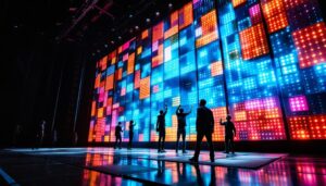 A photograph of a vibrant theatre stage showcasing an intricate led display backdrop