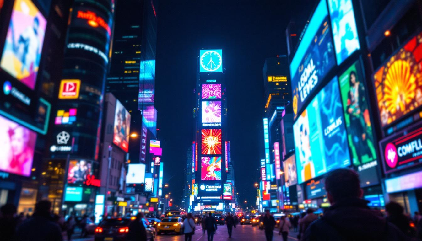 A photograph of a vibrant led display in a bustling urban setting at night