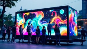 A photograph of a vibrant led mobile trailer showcasing its dynamic display in an outdoor setting