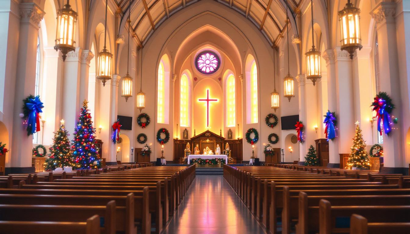 A photograph of the church's interior beautifully adorned for christmas
