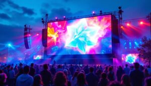 A photograph of a vibrant outdoor event featuring a large mobile led screen in action