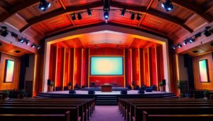 A photograph of a beautifully designed wooden church stage featuring a vibrant led display