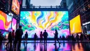 A photograph of a vibrant led display in a bustling urban setting