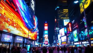 A photograph of a vibrant led display in a bustling urban environment at night