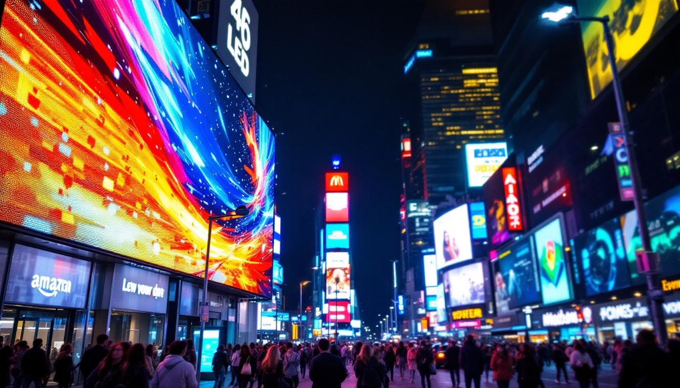 A photograph of a vibrant led display in a bustling urban environment at night