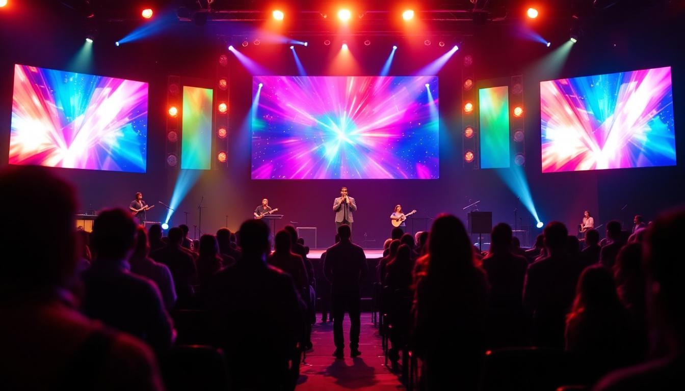 A photograph of capture a photograph of a vibrant church stage setup featuring a large led display