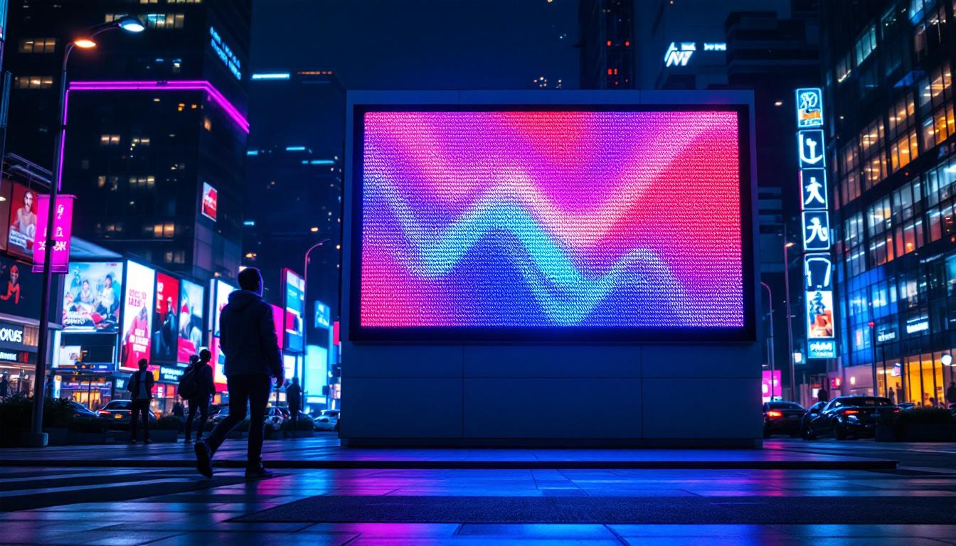 A photograph of a vibrant led display in a dynamic urban setting at night