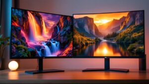 A photograph of a side-by-side comparison of a high-quality led monitor and a large led tv