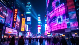 A photograph of a vibrant led display in a bustling urban setting
