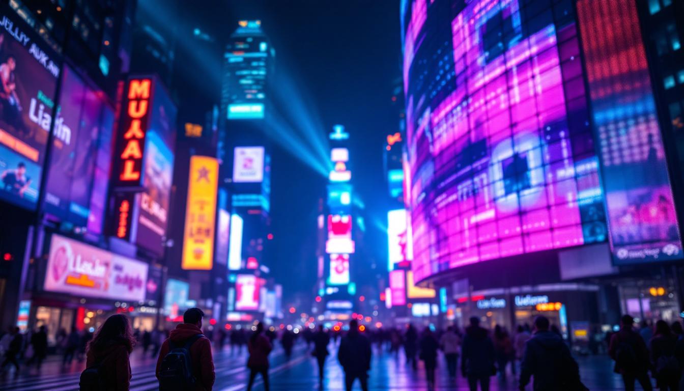 A photograph of a vibrant led display in a bustling urban setting